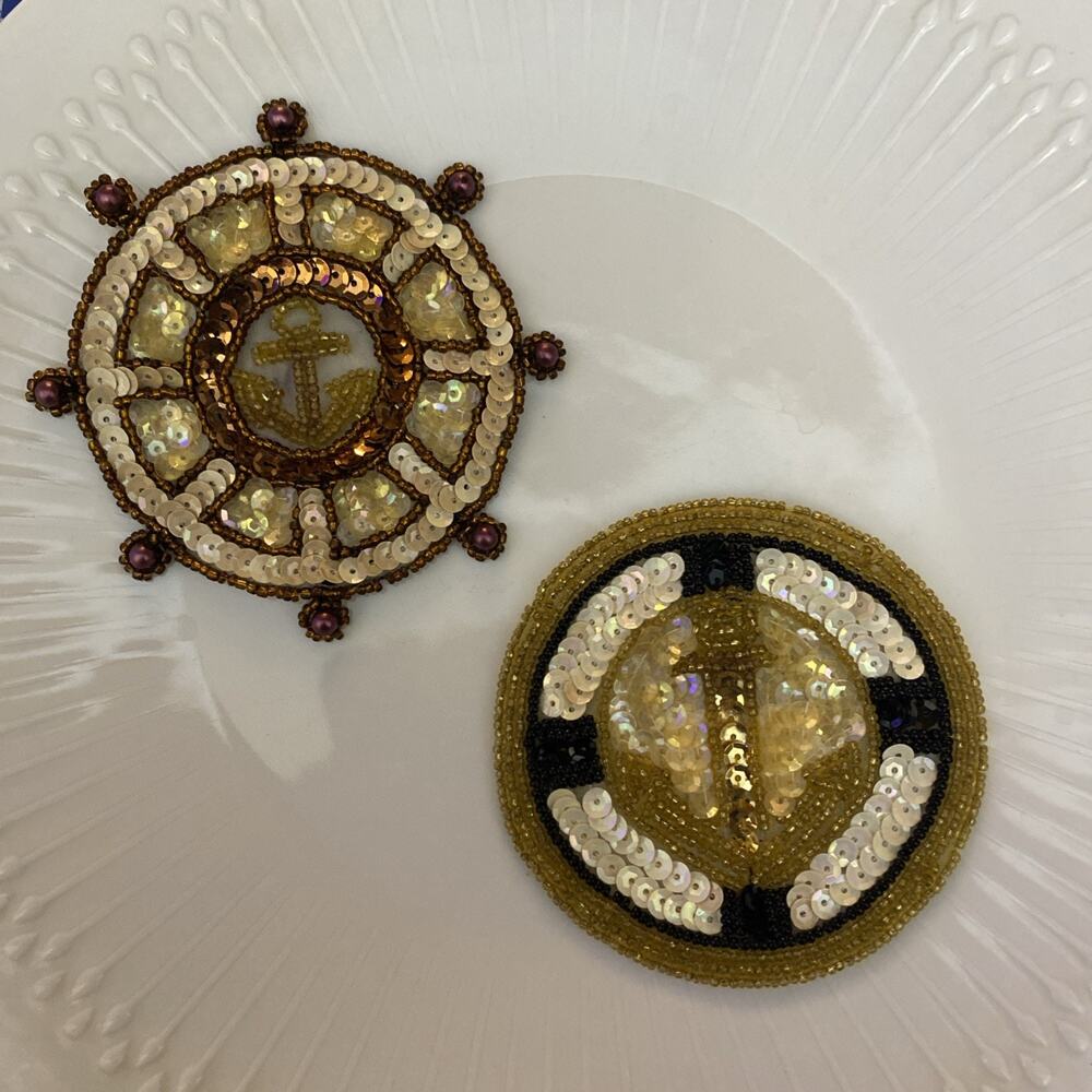 VINTAGE 1990 Nautical Two Piece Sequin Sew Glue On Applique Patch Anchor Gold